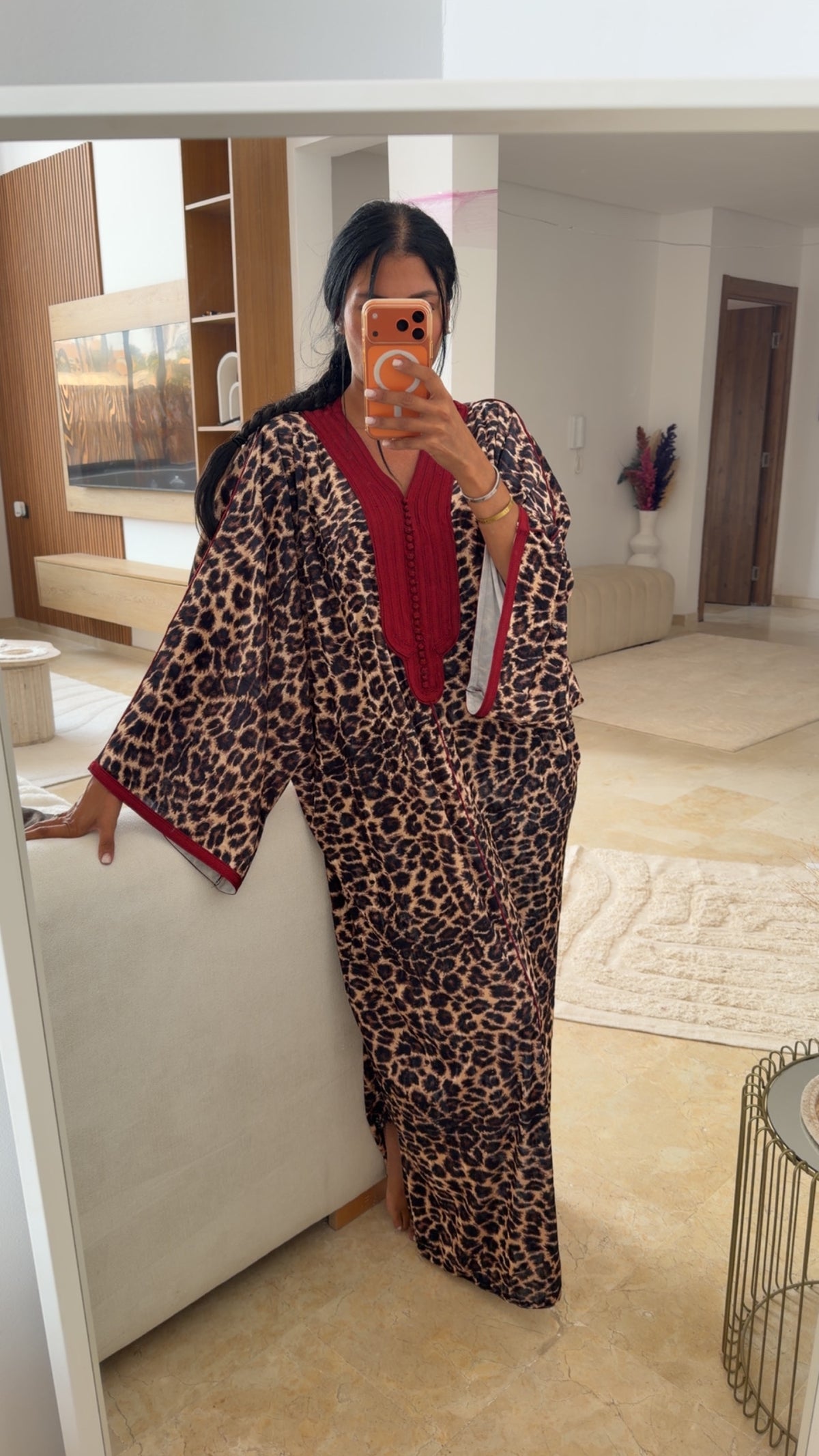 GANDOURA VELOUR LĂOPARD đ ROUGE